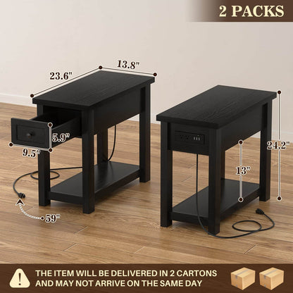 2-Pack Farmhouse End Tables with Charging Station - Skinny Nightstand Set With Drawer & Shelf for Small Spaces
