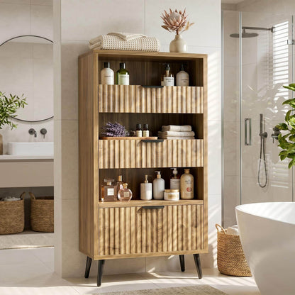 Modern Fluted Storage Cabinet, 51.2" Tall Freestanding Organizer with 3 Drawers & Open Shelf, Versatile Pantry Cabinet for Bathroom, Kitchen, Entryway - Narrow Design for Small Spaces