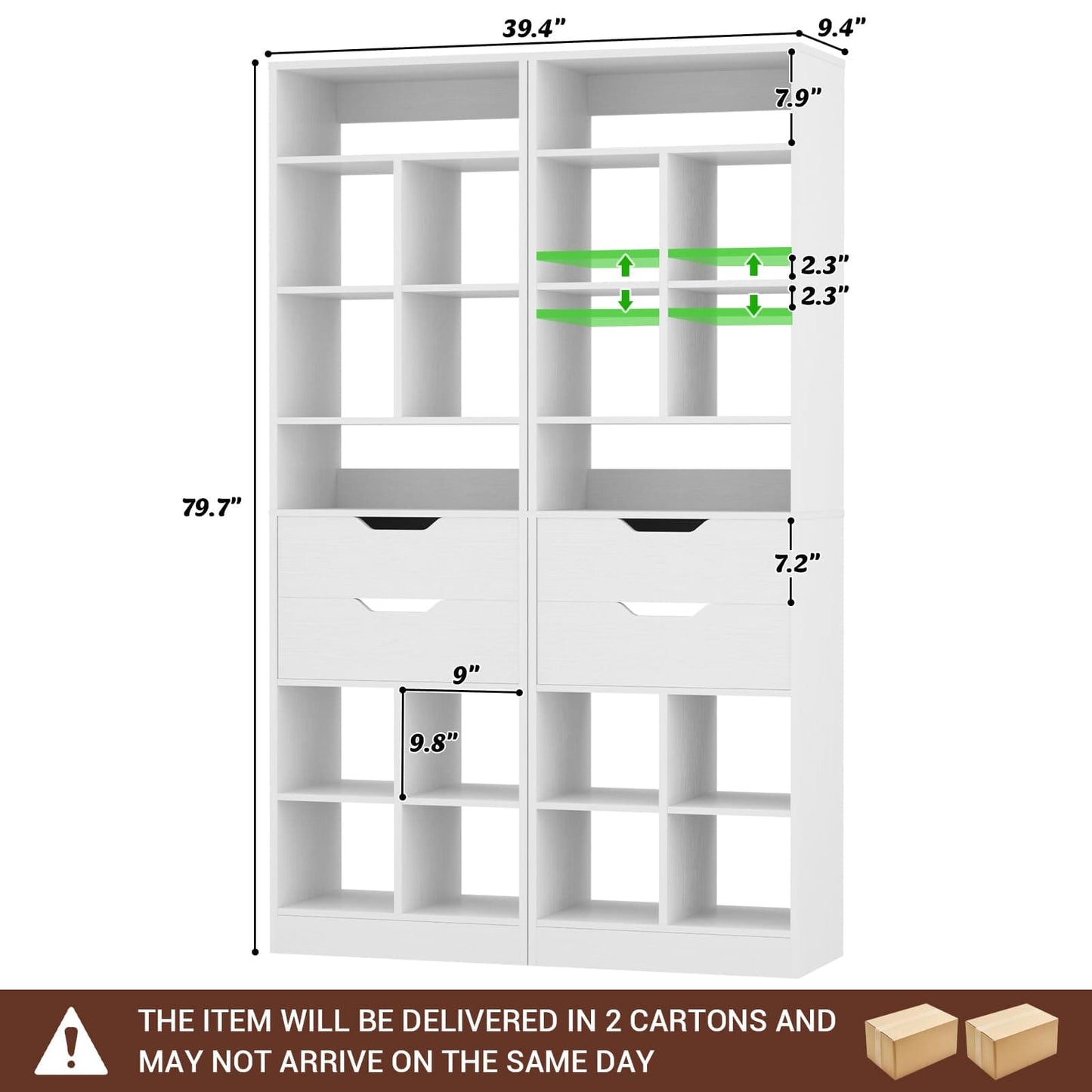 4-Pack 9-Tier Tall Bookshelves with 2 Drawers, 80" Narrow Freestanding Bookcases, Space-Saving Wood Display Storage Shelves for Living Room, Home Office, Bedroom