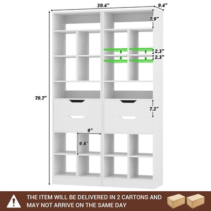 4-Pack 9-Tier Tall Bookshelves with 2 Drawers, 80" Narrow Freestanding Bookcases, Space-Saving Wood Display Storage Shelves for Living Room, Home Office, Bedroom