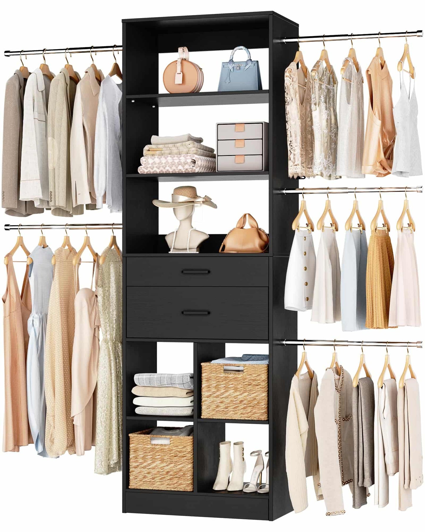 Adjustable Small Closet System, 3.2-6.8FT Expandable Closet Organizer with 2 Wooden Drawers & 5 Heavy-Duty Hanging Rods