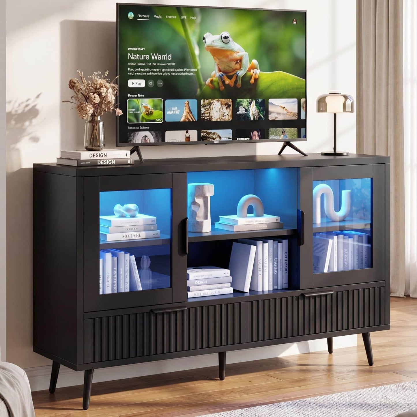 RGB LED TV Stand with Power Outlet, 45" Entertainment Center with 8 Storage Drawers & Cabinets, Vanity Storage Cabinet ,Media Console Fits 30"-55" TVs for Living Room Bedroom