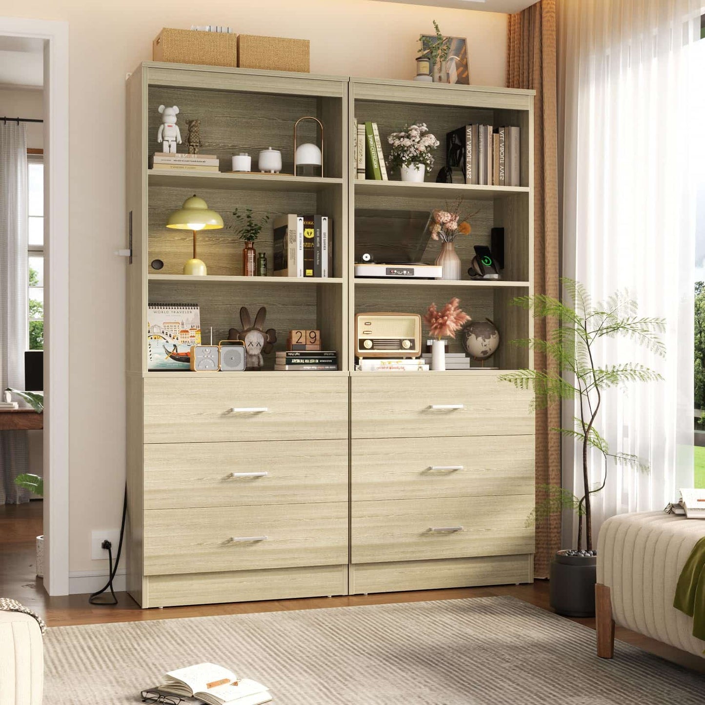 71" Tall Bookcases with 3 Large Drawers & 3 Shelves, Wooden Bookshelf for Living Room Offic