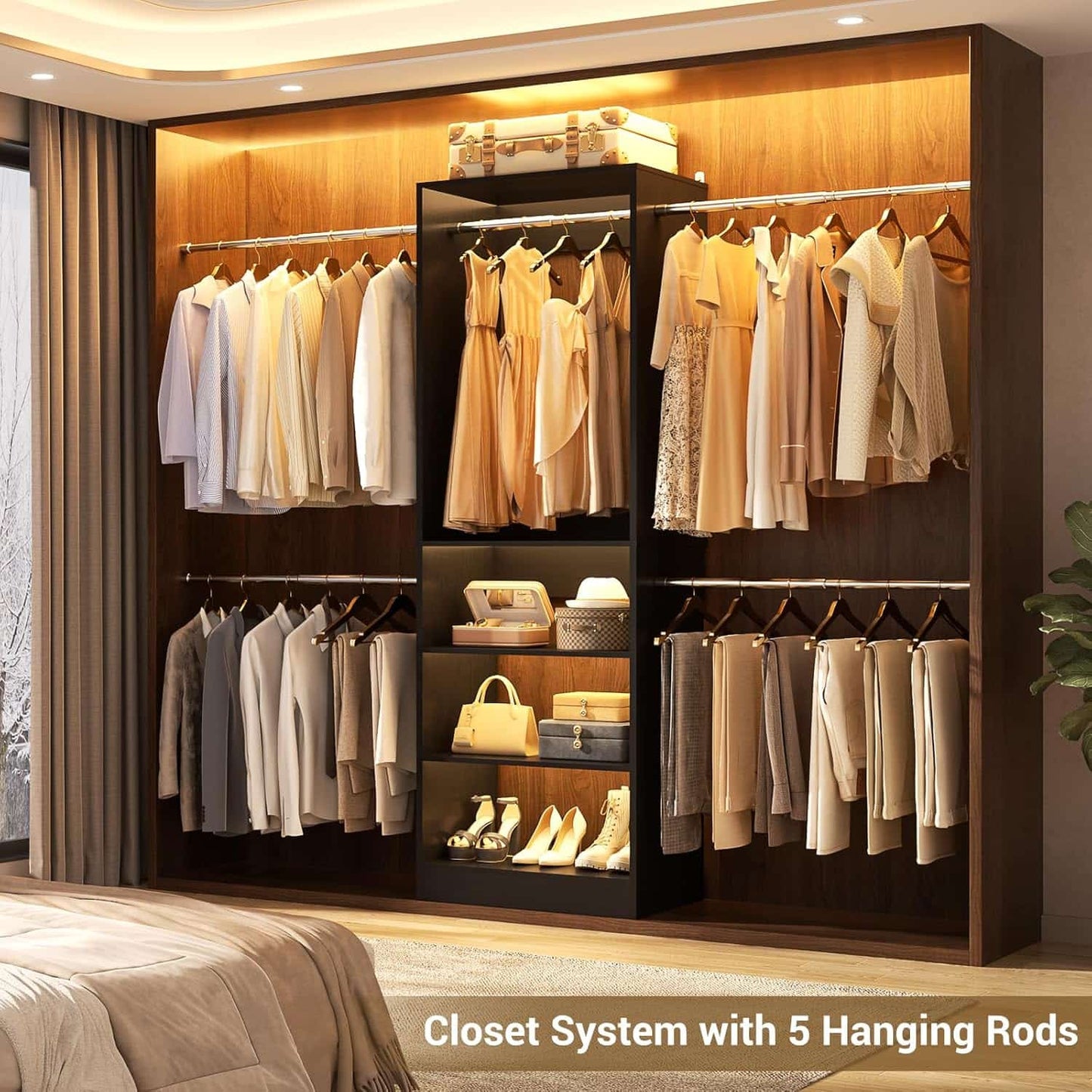 20.5-120'' W Closet Organizer System with 5 Hanging Rods, Shelving Tower
