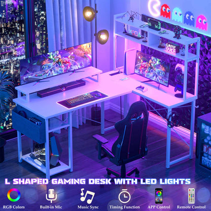 L Shaped Computer Desk with Power Outlets & LED Lights