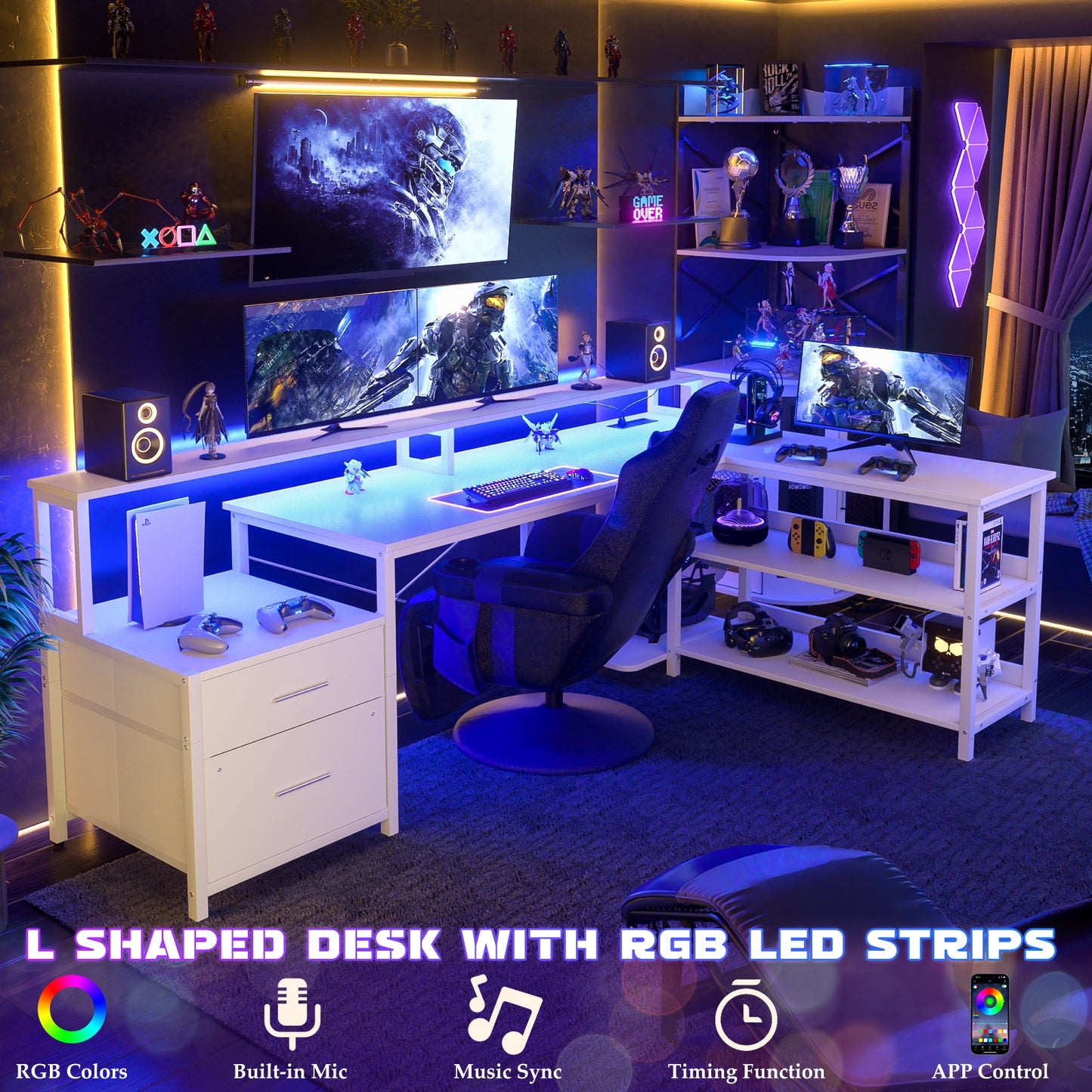 L Shaped Desk with File Drawer, 72.8" Reversible L Shaped Computer Desk with Power Outlet & LED Strip