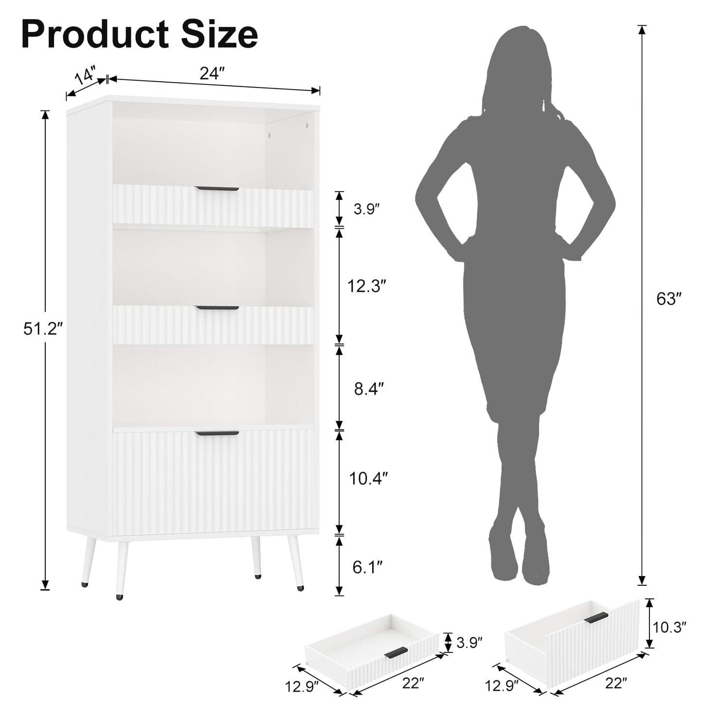 Modern Fluted Storage Cabinet, 51.2" Tall Freestanding Organizer with 3 Drawers & Open Shelf, Versatile Pantry Cabinet for Bathroom, Kitchen, Entryway - Narrow Design for Small Spaces
