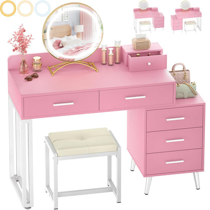 Vanity Desk with Mirror and Lights, Modern Makeup Vanity Table Set with 6 Storage Drawers and Cushioned Stool