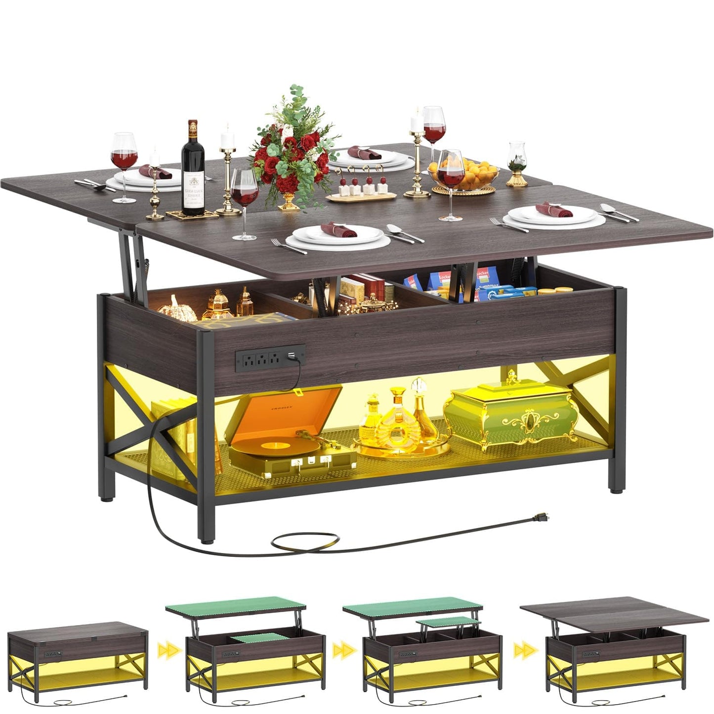 Coffee Table Lift Top with LED Light and Power Outlet, Multi-Function Coffee Table Converts to Dining Table