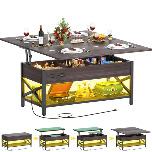 Coffee Table Lift Top with LED Light and Power Outlet, Multi-Function Coffee Table Converts to Dining Table
