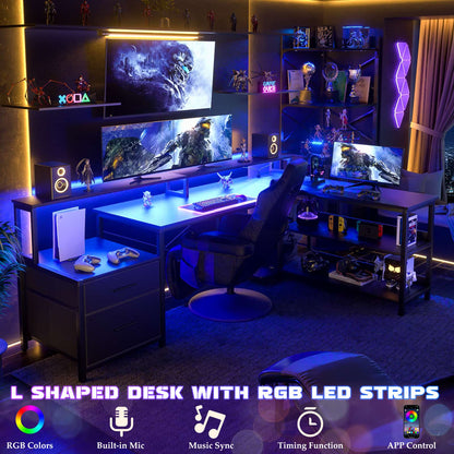 L Shaped Desk with File Drawer, 72.8" Reversible L Shaped Computer Desk with Power Outlet & LED Strip