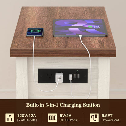 2-Pack Farmhouse End Tables with Charging Station - Skinny Nightstand Set With Drawer & Shelf for Small Spaces