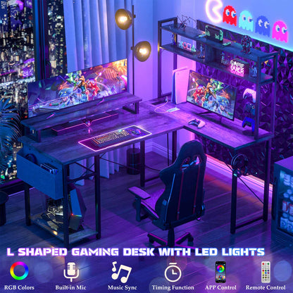 L Shaped Computer Desk with Power Outlets & LED Lights