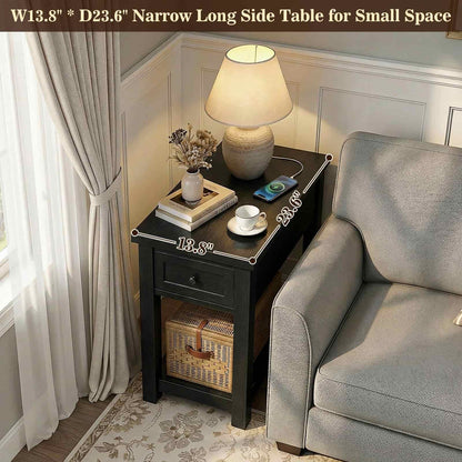 2-Pack Farmhouse End Tables with Charging Station - Skinny Nightstand Set With Drawer & Shelf for Small Spaces