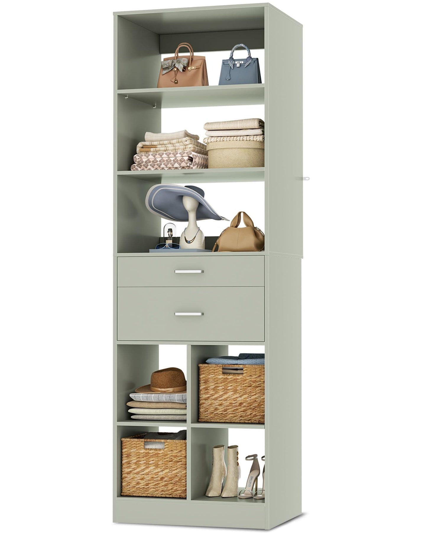 Tall Vertical Closet System, 18.9" Width Freestanding Wardrobe Storage Unit with Adjustable Shelves & Smooth-Glide Drawers