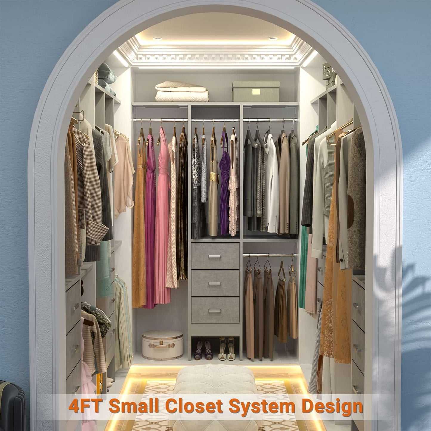 4FT Small Closet System with 3 Fabric Drawers