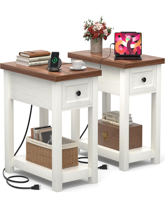 2-Pack Farmhouse End Tables with Charging Station - Skinny Nightstand Set With Drawer & Shelf for Small Spaces
