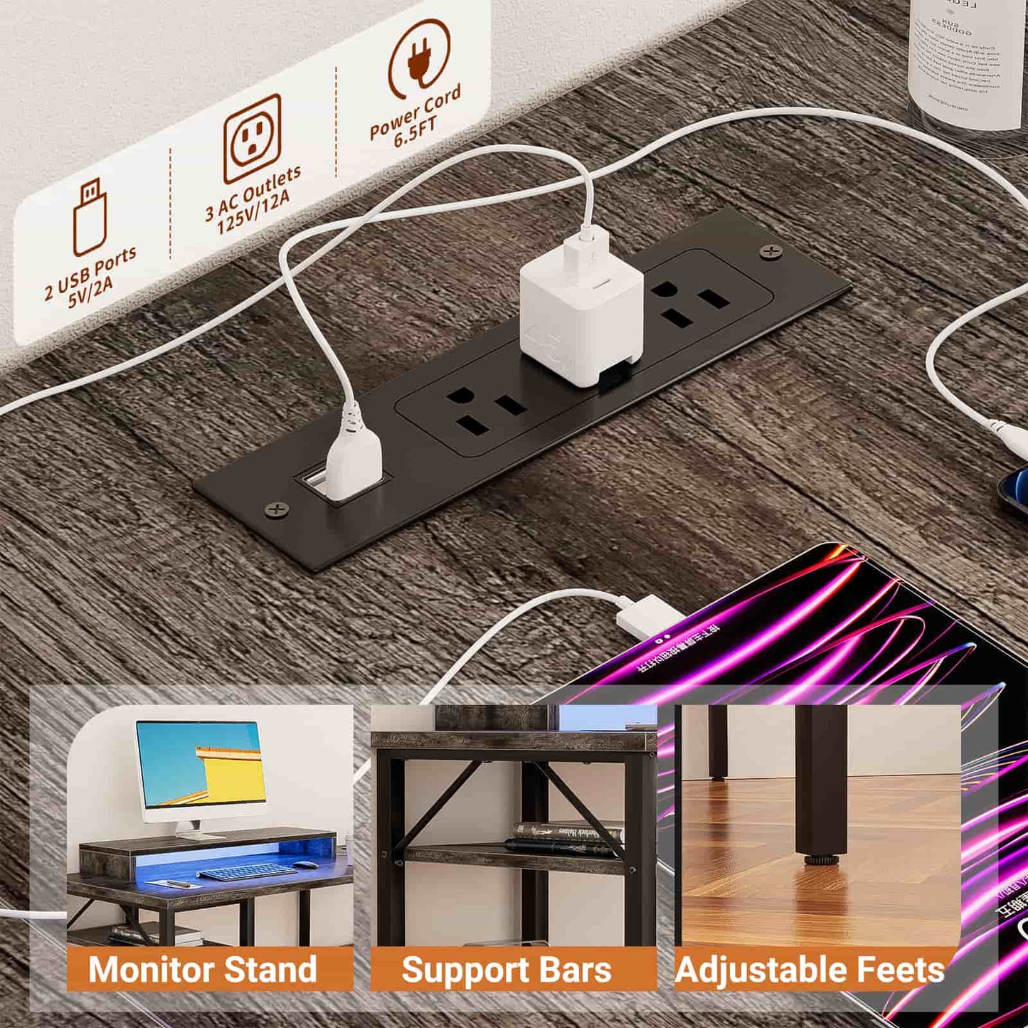 Reversible L Shaped Desk with Magic Power Outlets and USB Charging Ports