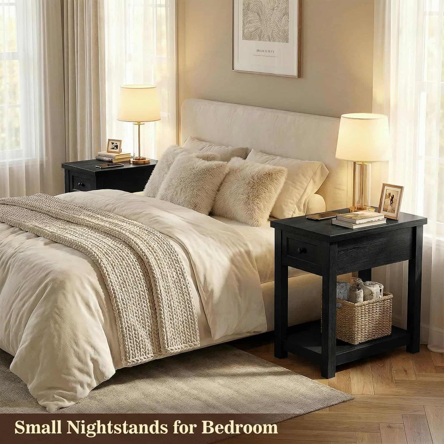 2-Pack Farmhouse End Tables with Charging Station - Skinny Nightstand Set With Drawer & Shelf for Small Spaces