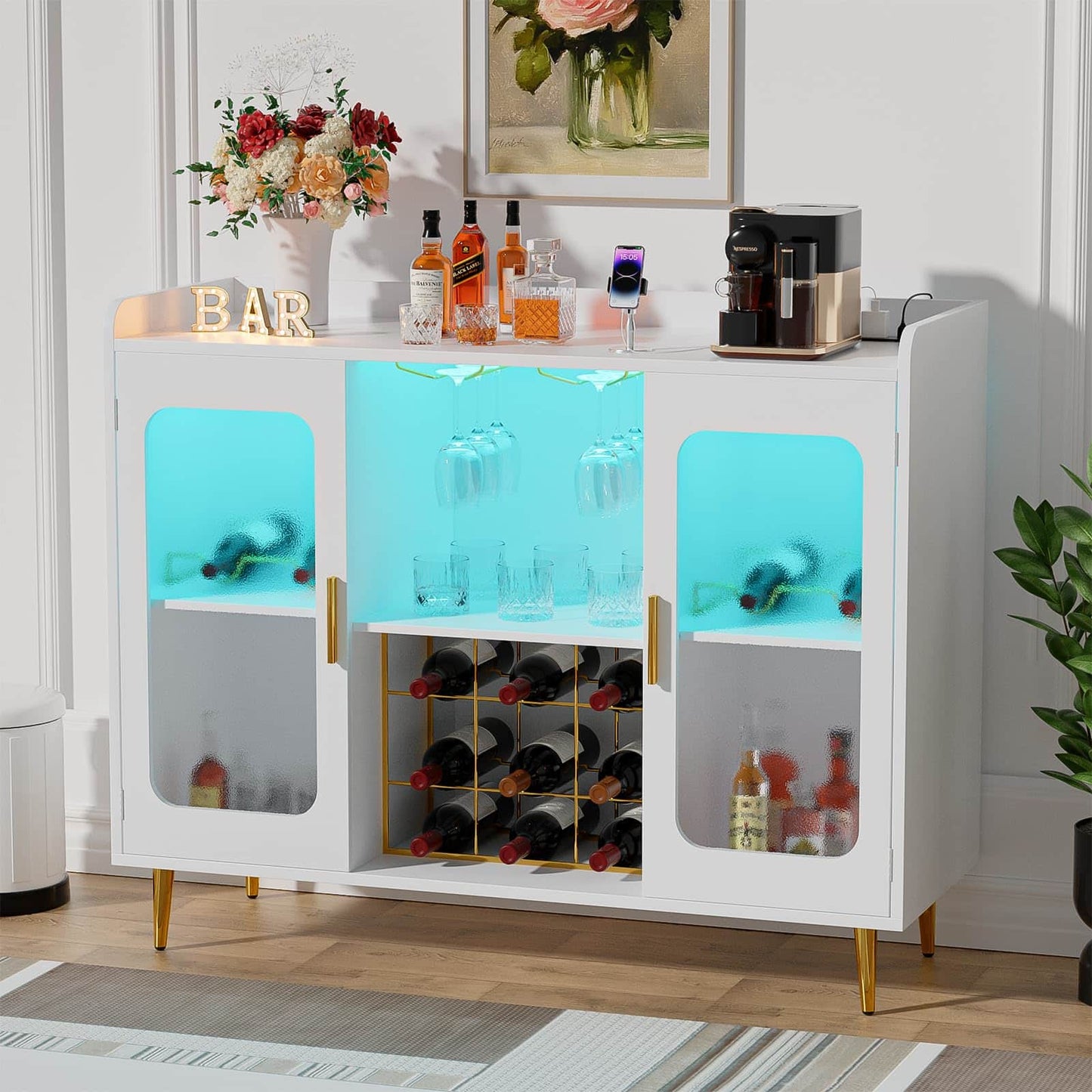 Assembled Wine Bar Cabinet with Power Outlet and LED Lights
