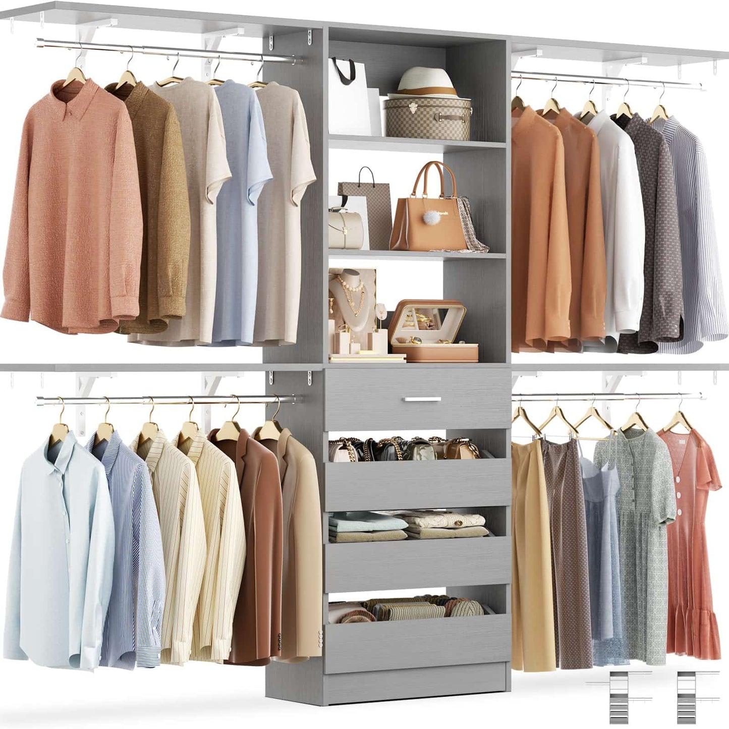 Closet System, 8FT Closet Organizer with 4 Wooden Drawers, Wood Closet Organizer System with Tower, Walk-in Closet Organizer Wardrobe