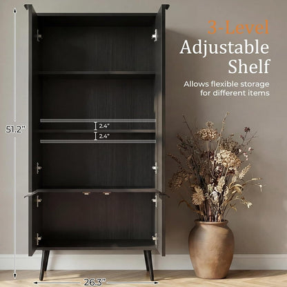 51.2" Freestanding Storage Cabinet with 4 Fluted Doors, Adjustable Shelves & Raised Legs - Wobble-Free Organizer for Bathroom, Kitchen, Living Room