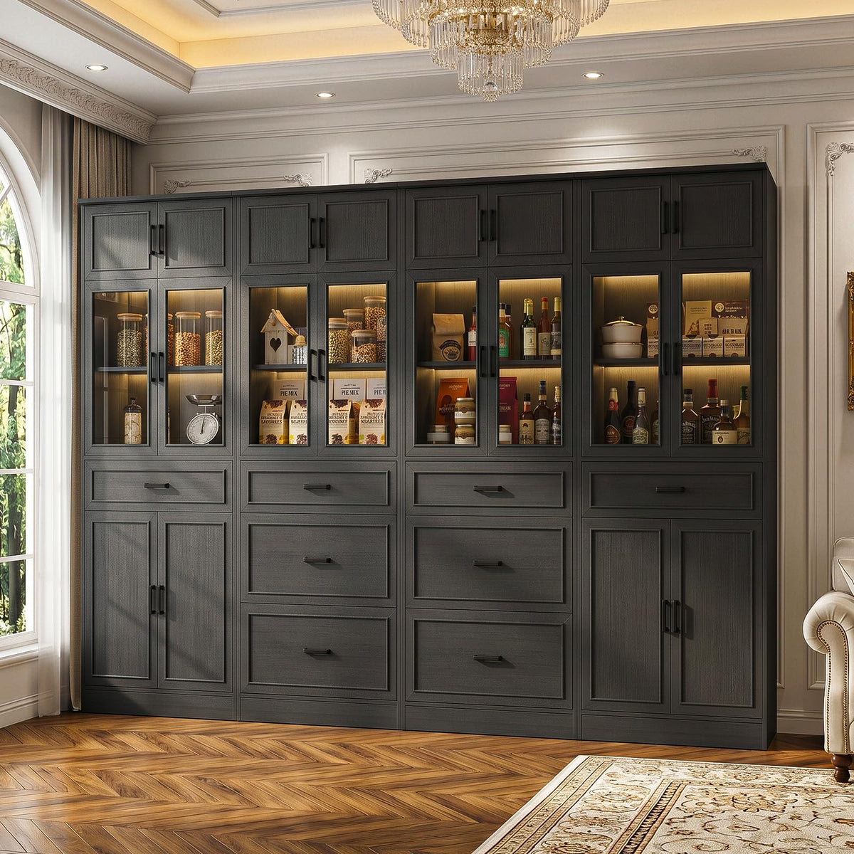 80" Tall Modular Bookshelf and Storage Cabinet Set with Glass Doors and Drawers