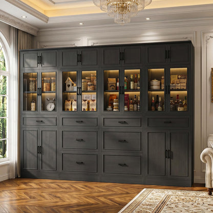 80" Tall Modular Bookshelf and Storage Cabinet Set with Glass Doors and Drawers