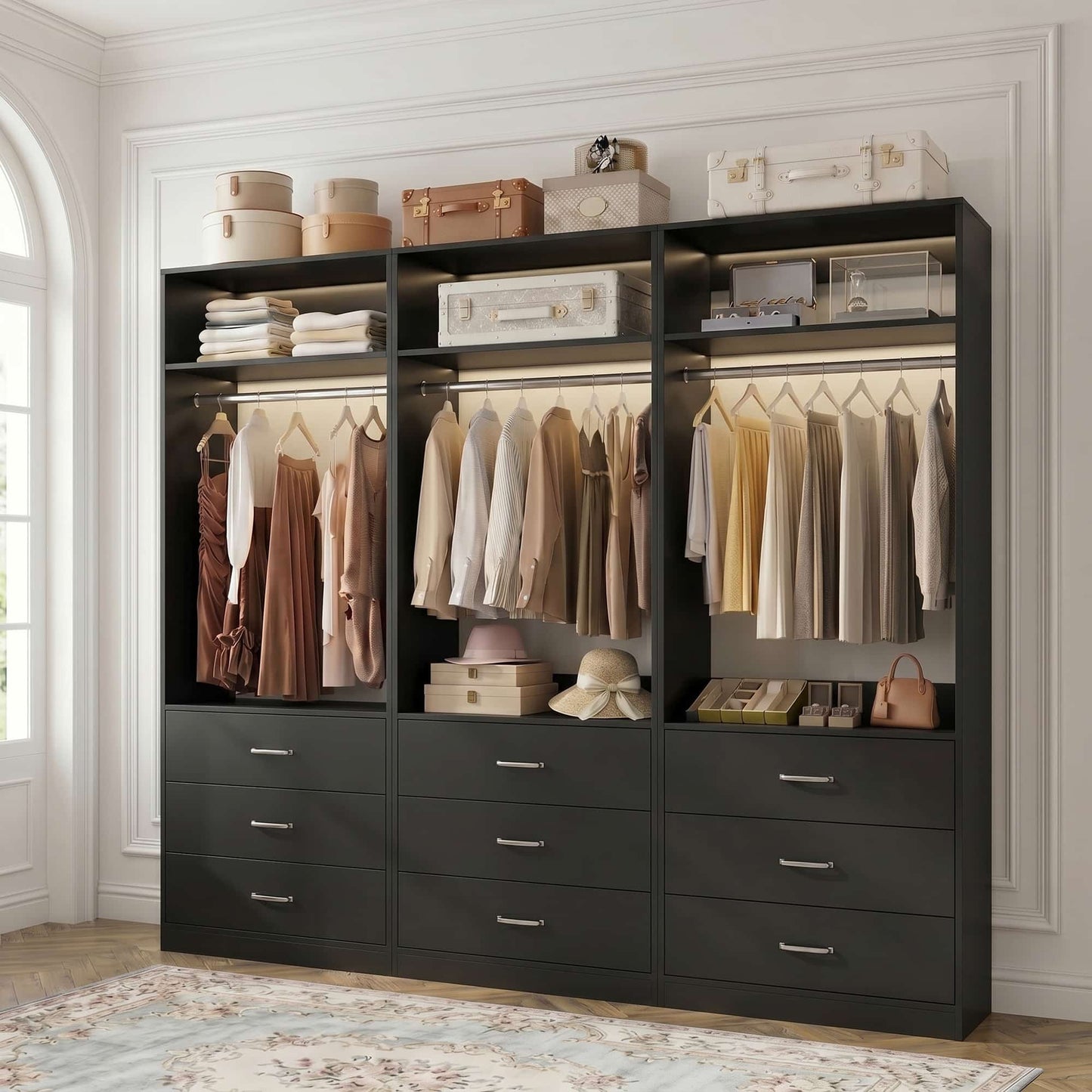 Freestanding Closet System Set - 3-Pack with 3 Wood Drawers Each,With Hanging Rod & Shelves, 24"L x 15"W x 80"H
