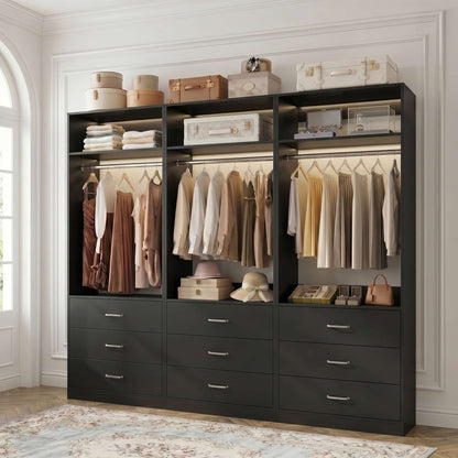 Freestanding Closet System Set - 3-Pack with 3 Wood Drawers Each,With Hanging Rod & Shelves, 24"L x 15"W x 80"H