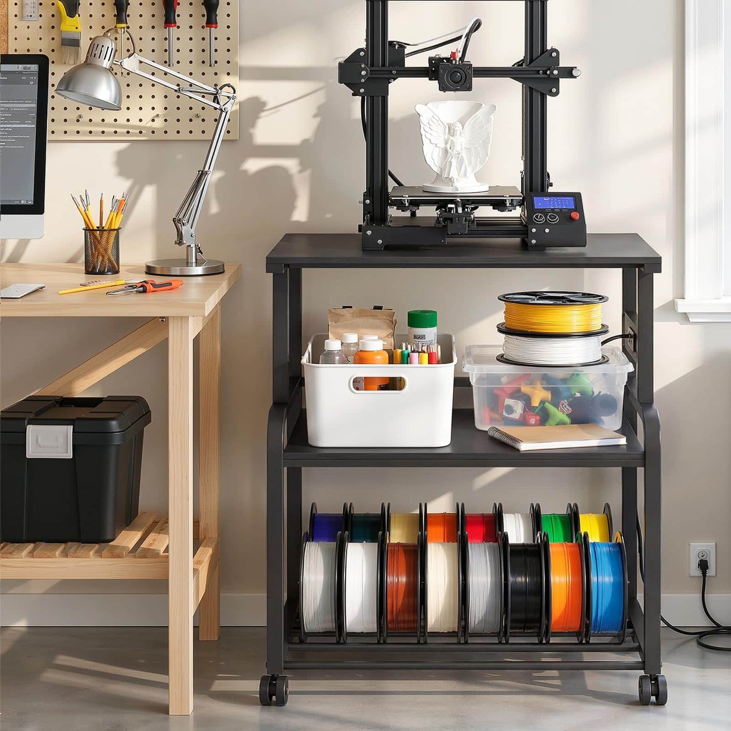 Heavy-Duty 3D Printer Rolling Cart with Power Outlet & Filament Storage, 3-Tier Adjustable Printer Stand for Home Office