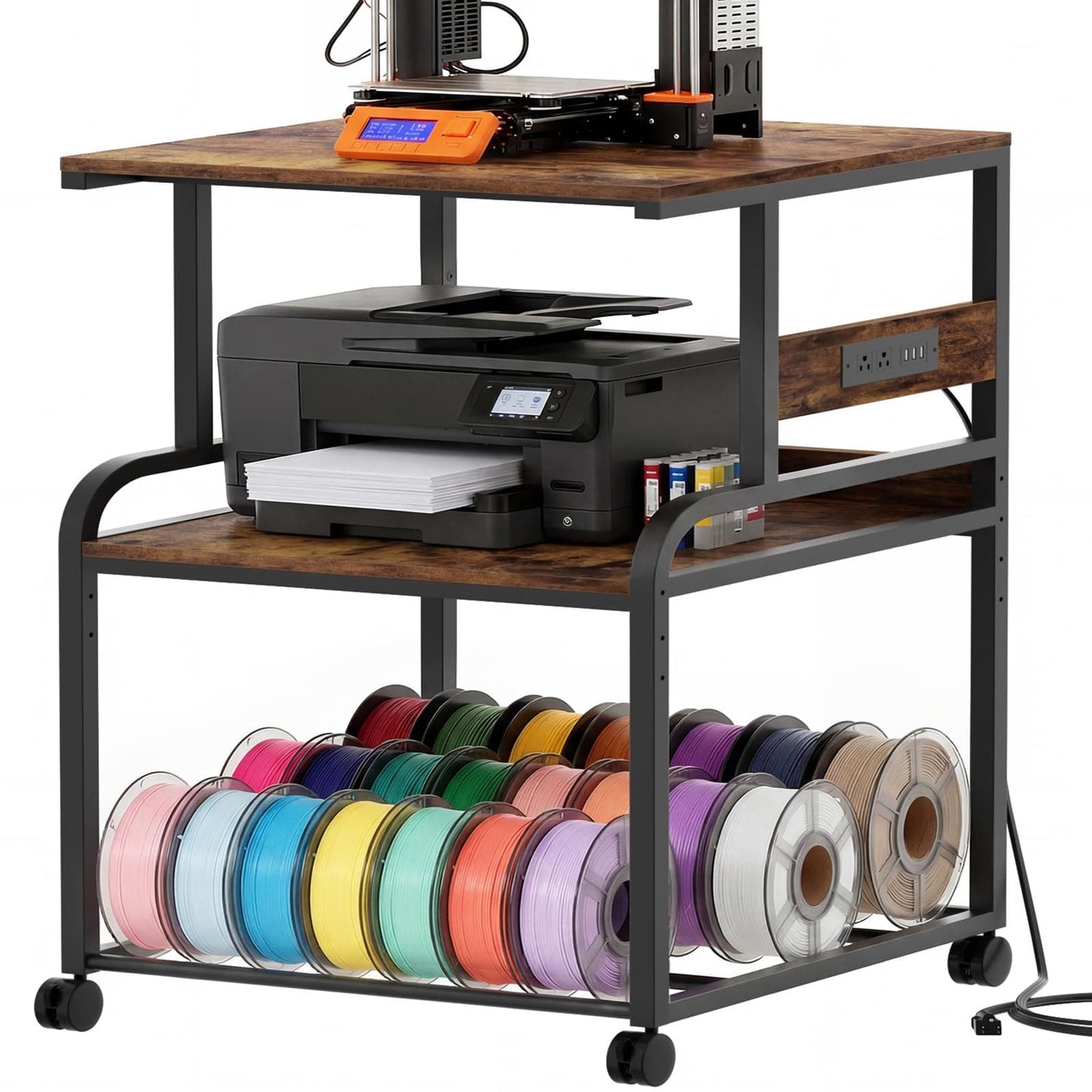 Heavy-Duty 3D Printer Rolling Cart with Power Outlet & Filament Storage, 3-Tier Adjustable Printer Stand for Home Office