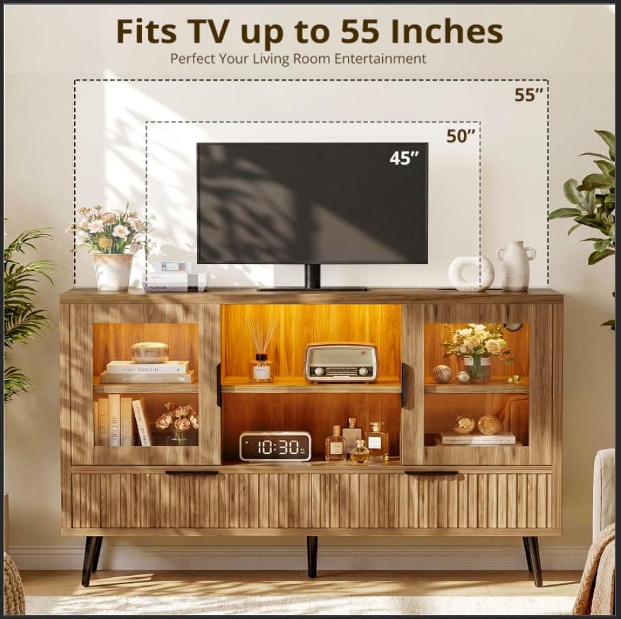 RGB LED TV Stand with Power Outlet, 45" Entertainment Center with 8 Storage Drawers & Cabinets, Vanity Storage Cabinet ,Media Console Fits 30"-55" TVs for Living Room Bedroom