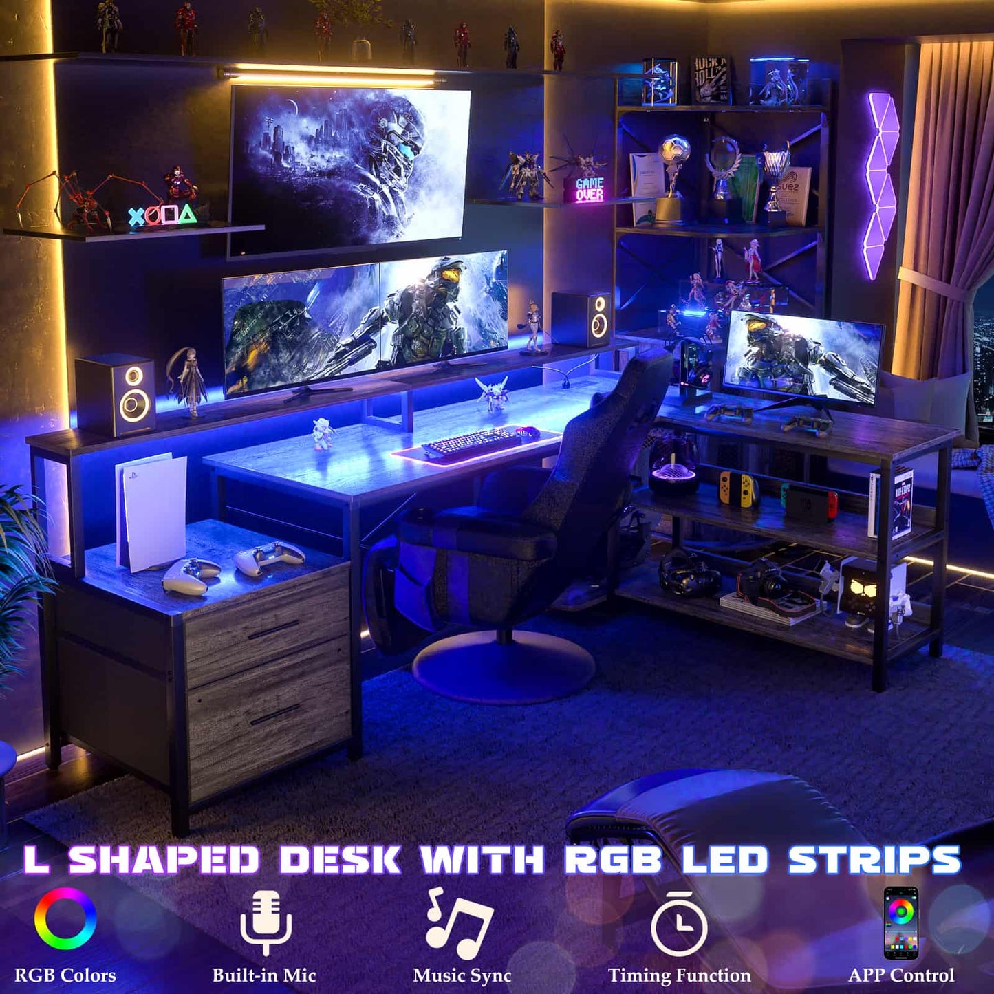 L Shaped Desk with File Drawer, 72.8" Reversible L Shaped Computer Desk with Power Outlet & LED Strip