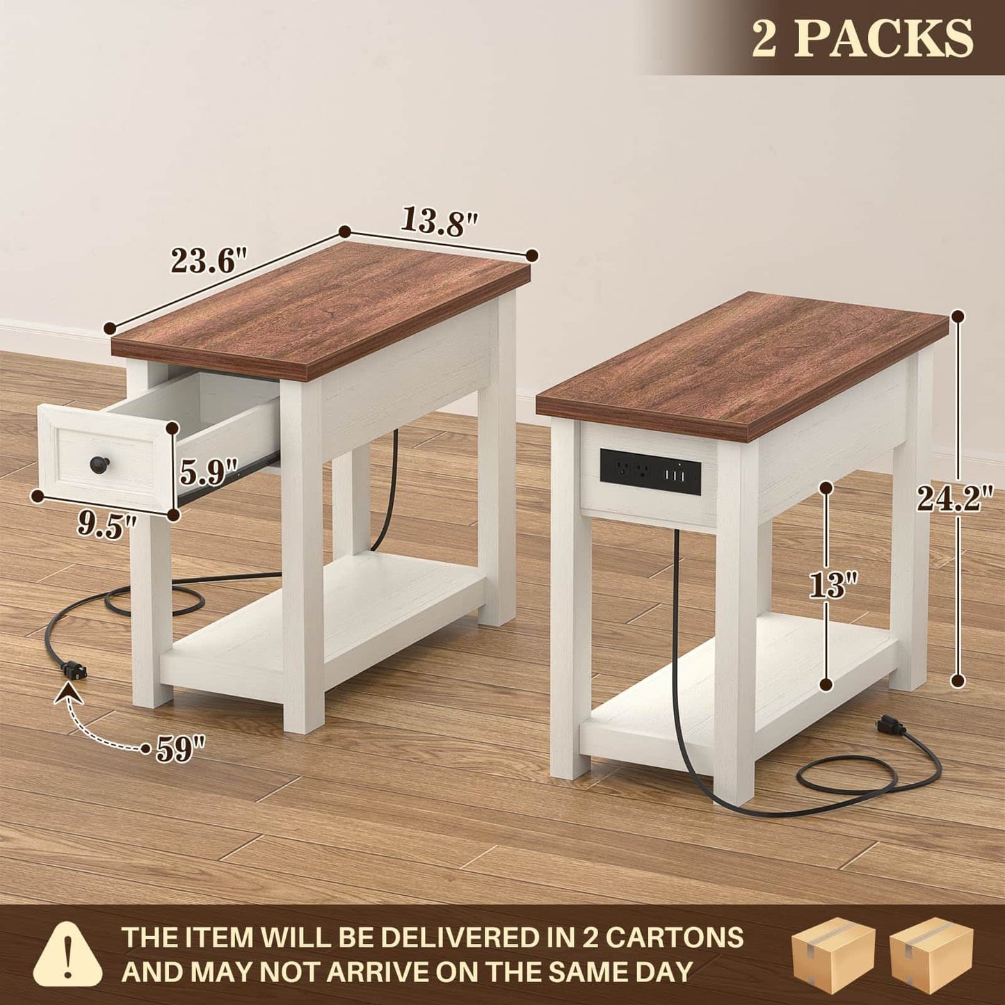 2-Pack Farmhouse End Tables with Charging Station - Skinny Nightstand Set With Drawer & Shelf for Small Spaces