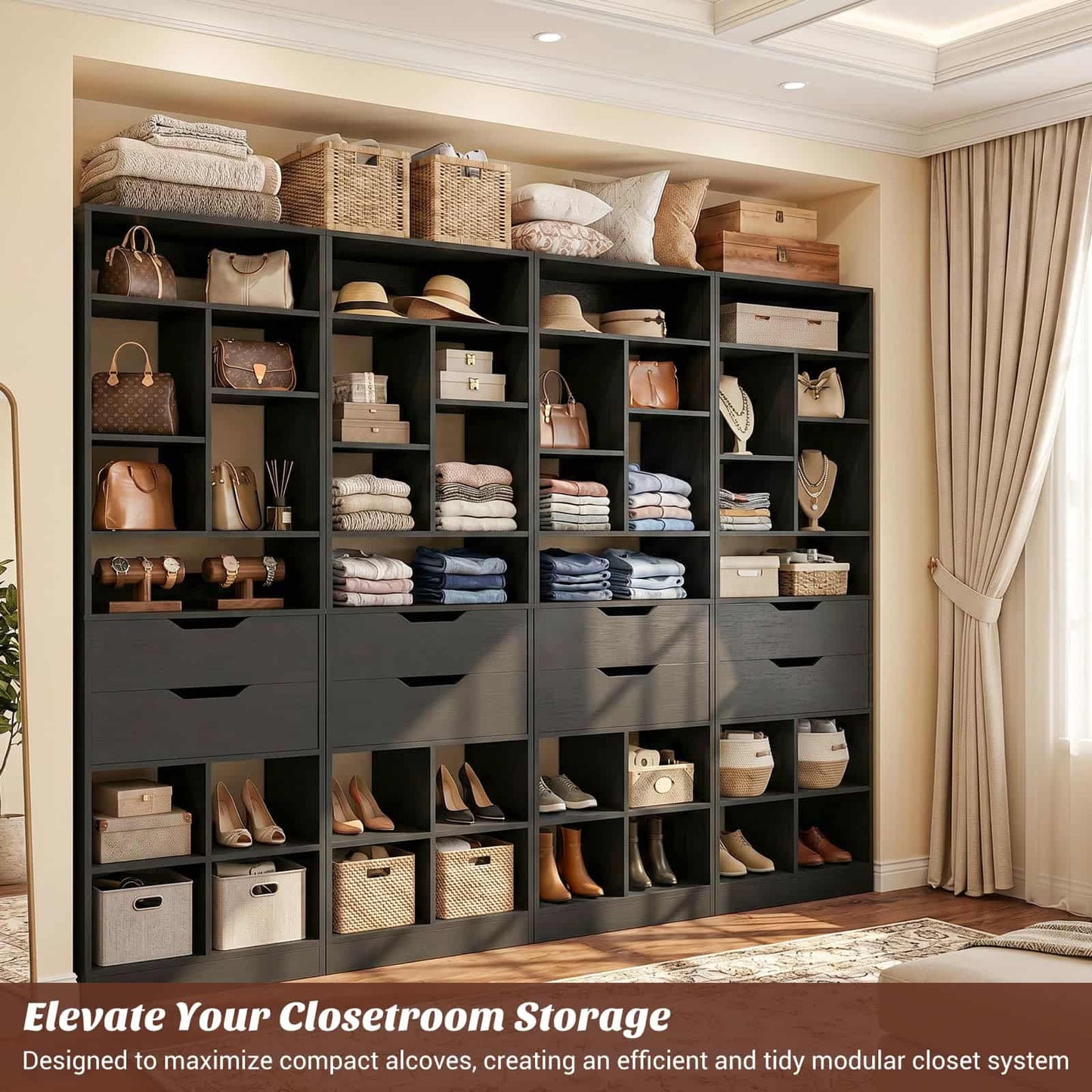 4-Pack 9-Tier Tall Bookshelves with 2 Drawers, 80" Narrow Freestanding Bookcases, Space-Saving Wood Display Storage Shelves for Living Room, Home Office, Bedroom