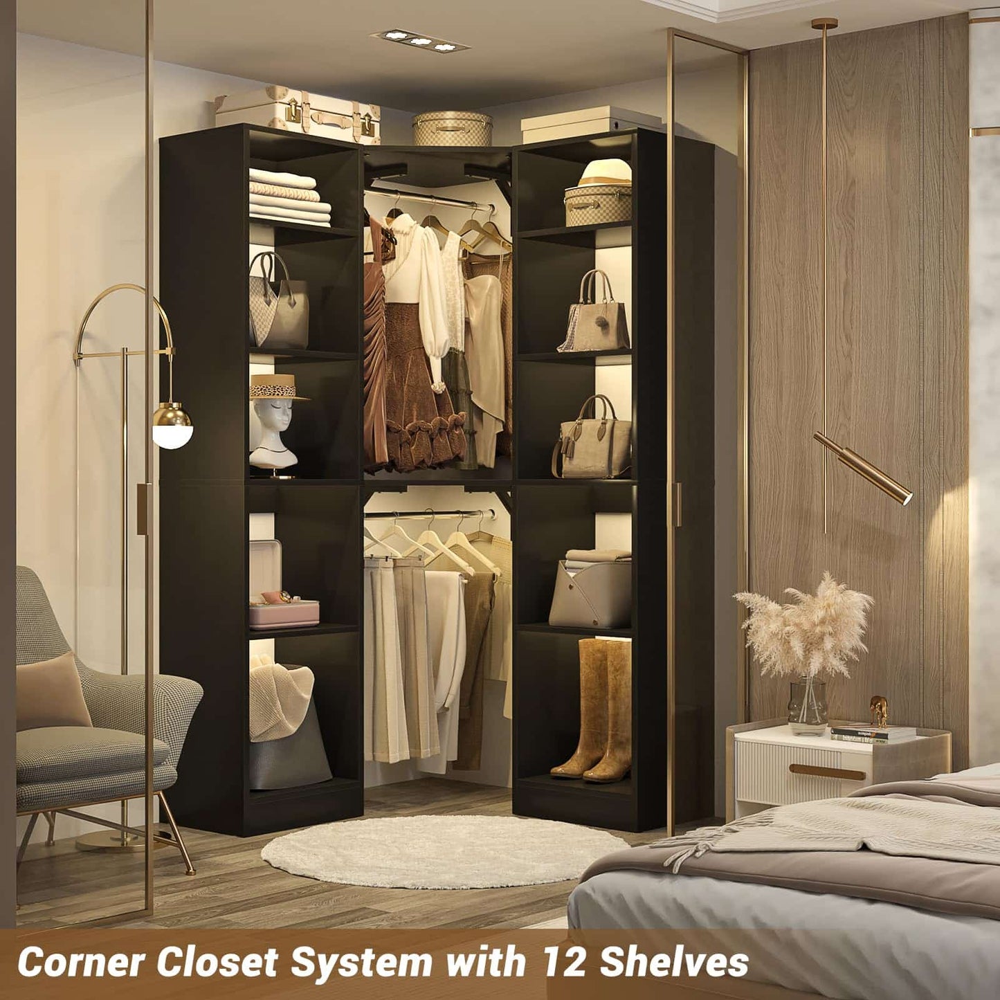 Corner Closet System with 12 Shelves, 40" Large Corner Closet Organizer System with 2 Hanging Rods