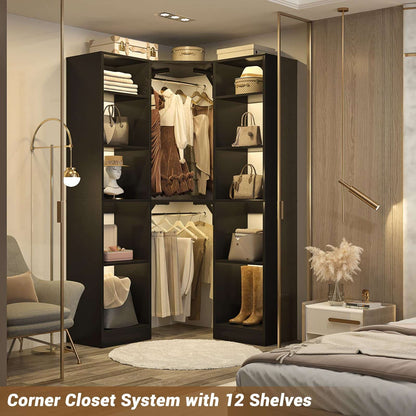 Corner Closet System with 12 Shelves, 40" Large Corner Closet Organizer System with 2 Hanging Rods
