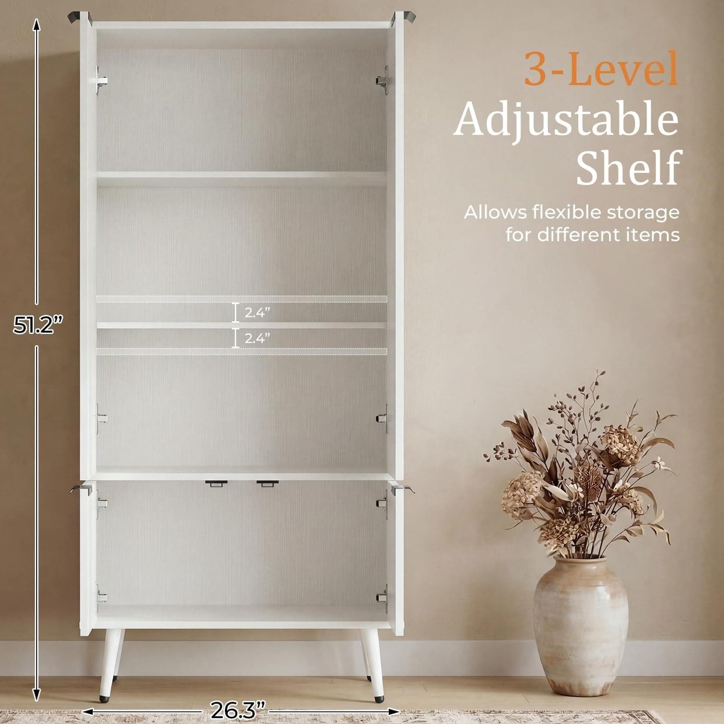 51.2" Freestanding Storage Cabinet with 4 Fluted Doors, Adjustable Shelves & Raised Legs - Wobble-Free Organizer for Bathroom, Kitchen, Living Room