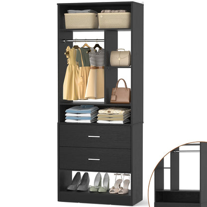 Freestanding 24" Closet System with 2 Wood Drawers, 2FT Small Closet Organizer System with 6 Shelves & Hanging Rod
