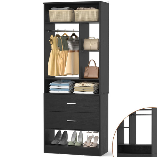 Freestanding 24" Closet System with 2 Wood Drawers, 2FT Small Closet Organizer System with 6 Shelves & Hanging Rod