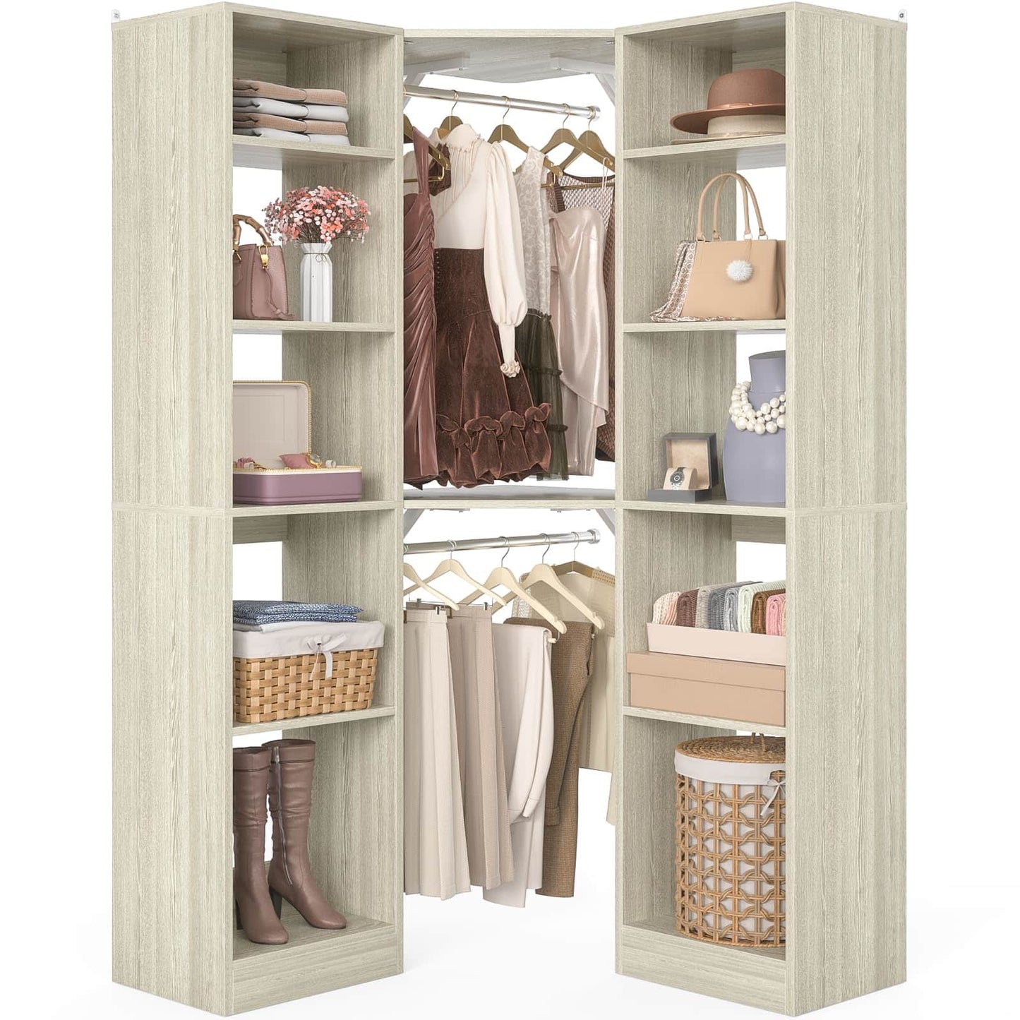 Corner Closet System with 12 Shelves, 40" Large Corner Closet Organizer System with 2 Hanging Rods
