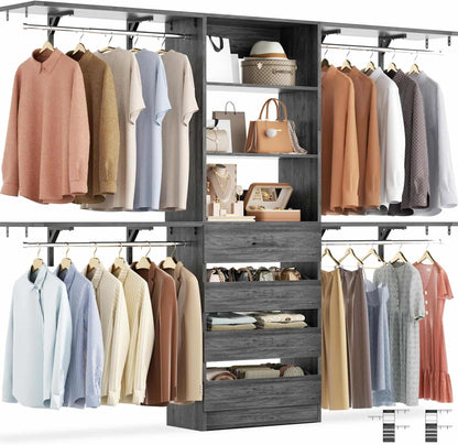 Closet System, 8FT Closet Organizer with 4 Wooden Drawers, Wood Closet Organizer System with Tower, Walk-in Closet Organizer Wardrobe