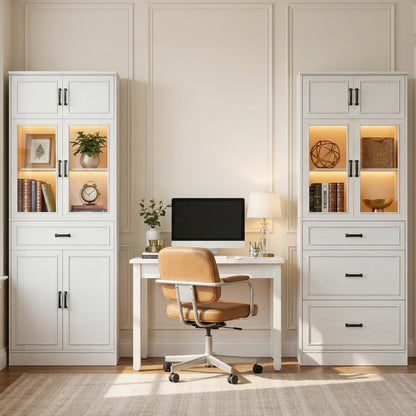 80" Tall Kitchen Pantry Cabinet Sets with Glass Doors, Adjustable Shelves & Drawers - Freestanding Storage Cupboard