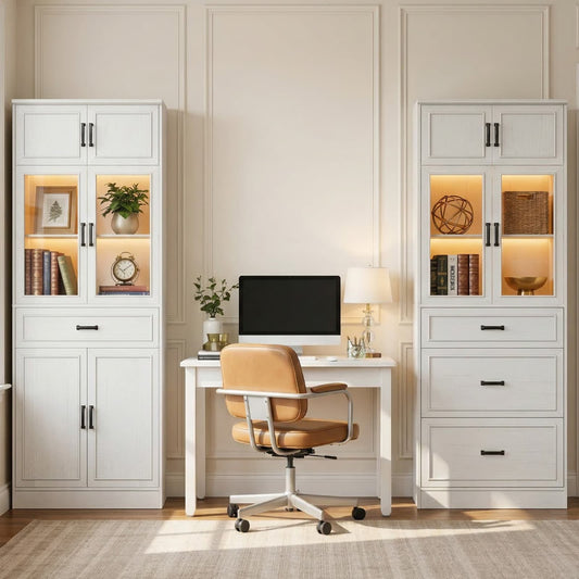 80" Tall Kitchen Pantry Cabinet Sets with Glass Doors, Adjustable Shelves & Drawers - Freestanding Storage Cupboard