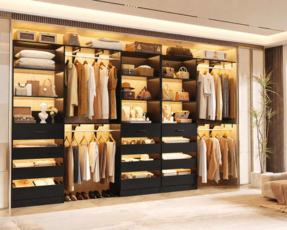 3-Piece L-Shaped Walk-in Closet Organizer System, 138.5" Wood Closet Tower with 12 Drawers & 4 Expandable Hanging Rods, Customizable Wardrobe Storage Set for Bedroom, Apartment