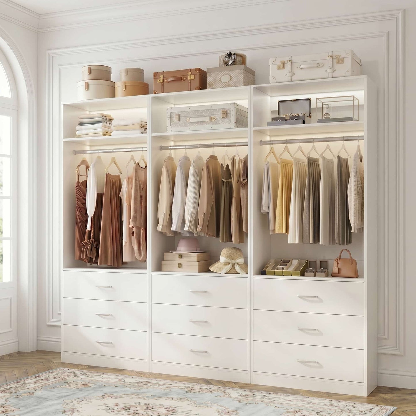 Freestanding Closet System Set - 3-Pack with 3 Wood Drawers Each,With Hanging Rod & Shelves, 24"L x 15"W x 80"H