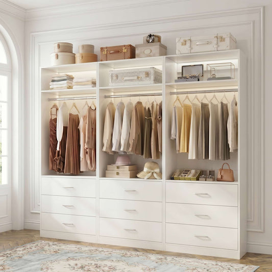 Freestanding Closet System Set - 3-Pack with 3 Wood Drawers Each,With Hanging Rod & Shelves, 24"L x 15"W x 80"H