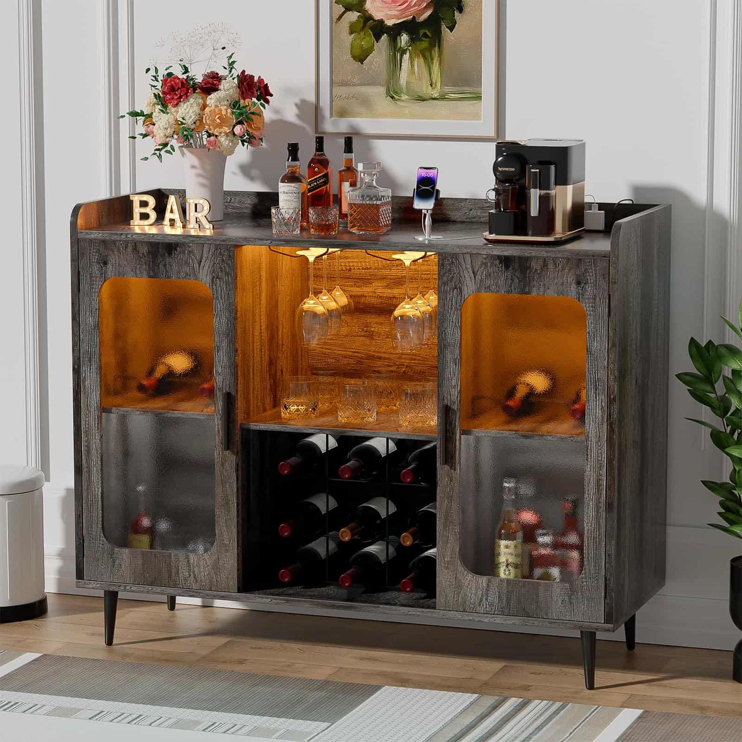 Assembled Wine Bar Cabinet with Power Outlet and LED Lights