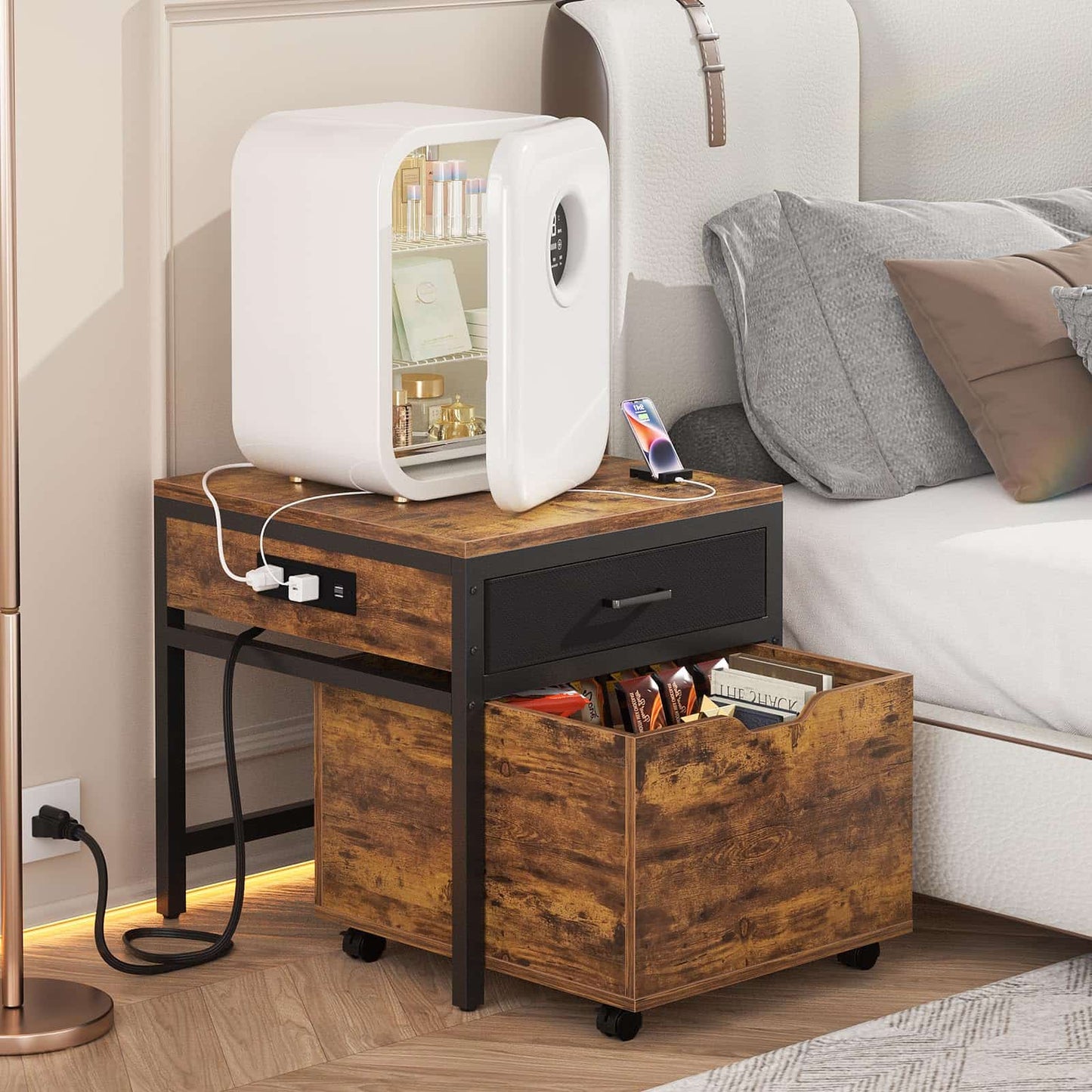 Mini Fridge Stand with Drawer Storage & Sockets, Heavy Duty Mini Refrigerator table with Rolling Cabinet